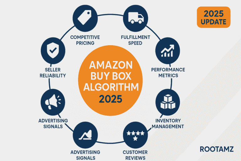 Amazon Buy Box Algorithm 2025 infographic showing pricing, fulfilment, performance metrics, listing quality, inventory management & review signals – RootAMZ expert guide.