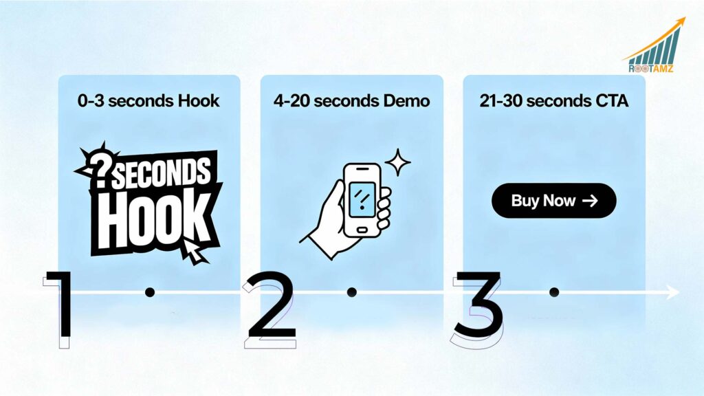 Infographic showing optimal Amazon Sponsored Brand Video ad structure with timing breakdown for maximum engagement
