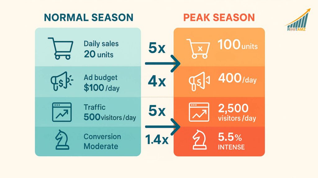 Peak shopping season vs normal season comparison showing 3-5x increases in daily sales, traffic, advertising budgets, & competition during Q4 holidays & Back-to-School periods