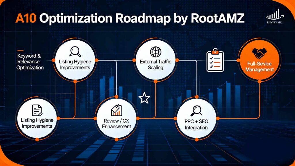A10 optimization roadmap for Amazon sellers showing listing hygiene, keyword relevance, external traffic, PPC integration, & RootAMZ’s full eCommerce management strategy.”