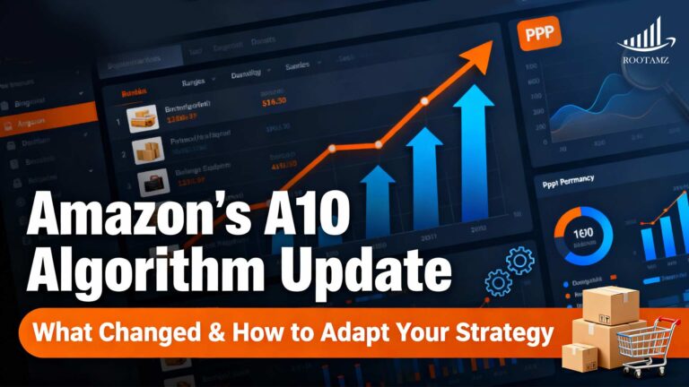 Amazon A10 algorithm 2025 breakdown infographic showing ranking factors like relevance, listing quality, seller authority, & customer experience — RootAMZ eCommerce optimization guide.