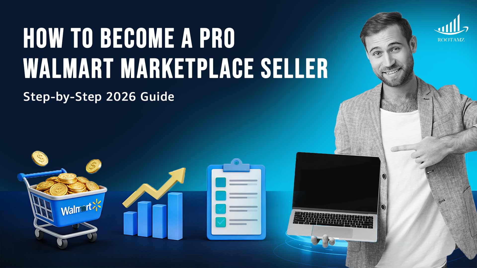 PRO Walmart Marketplace seller framework showing listing optimization, pricing strategy, WFS fulfillment, advertising & performance management by RootAMZ.