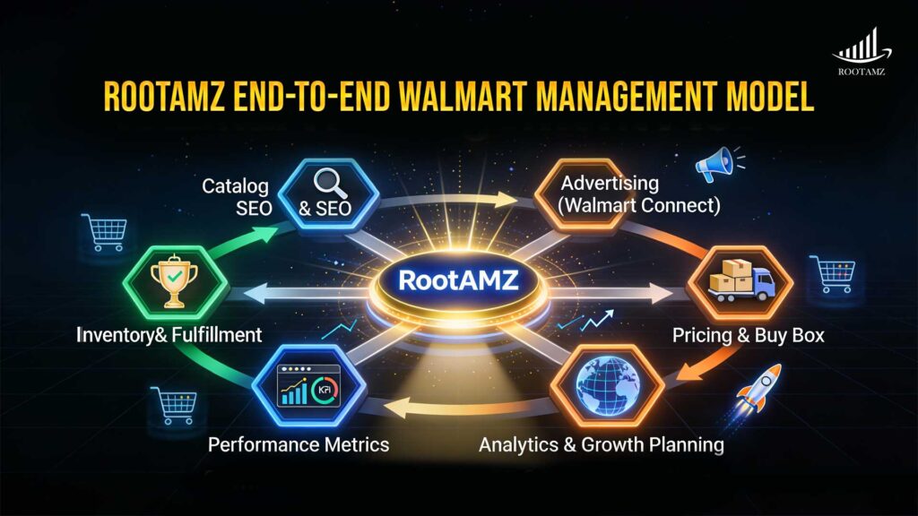 RootAMZ end-to-end Walmart Marketplace account management model covering catalog optimization, advertising, inventory planning, pricing, analytics & seller performance.