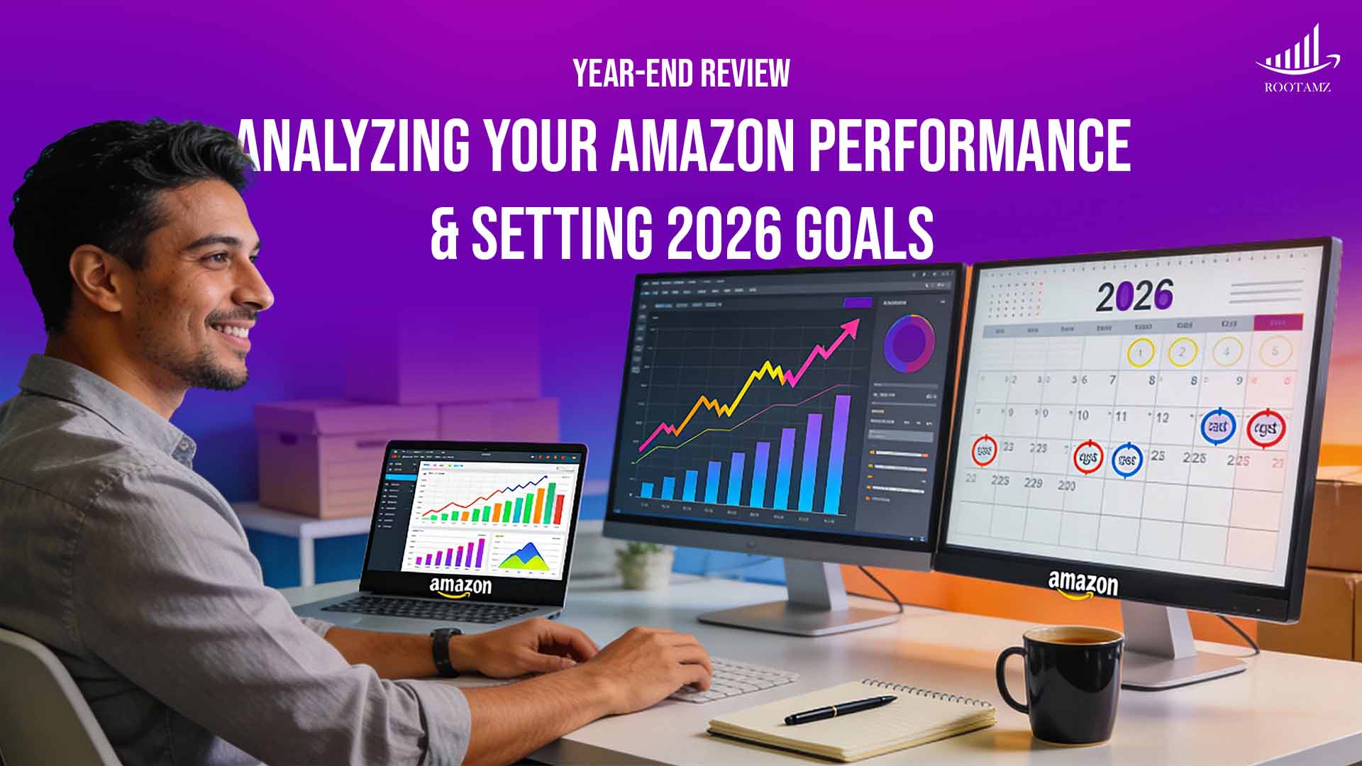 Amazon year-end performance review framework showing 7 critical analysis dimensions including revenue, advertising, operations, product portfolio, competition, content & seasonal patterns by RootAMZ