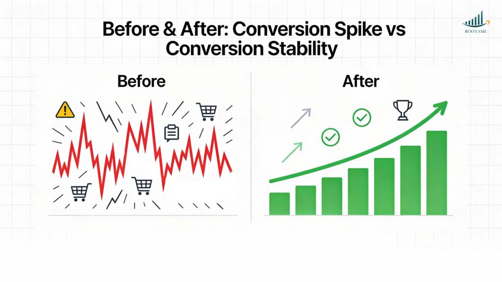 Comparison graphic showing unstable launch spikes versus stable conversion growth & ranking gains for Amazon sellers managed by RootAMZ