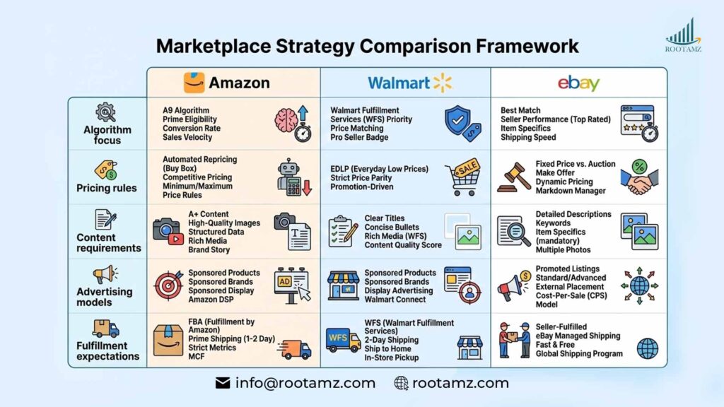 Comparison of Amazon, Walmart & eBay marketplace strategies including algorithms, pricing, content & advertising