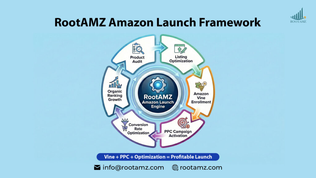 RootAMZ Amazon product launch framework integrating Amazon Vine reviews, PPC advertising & listing optimization for scalable growth