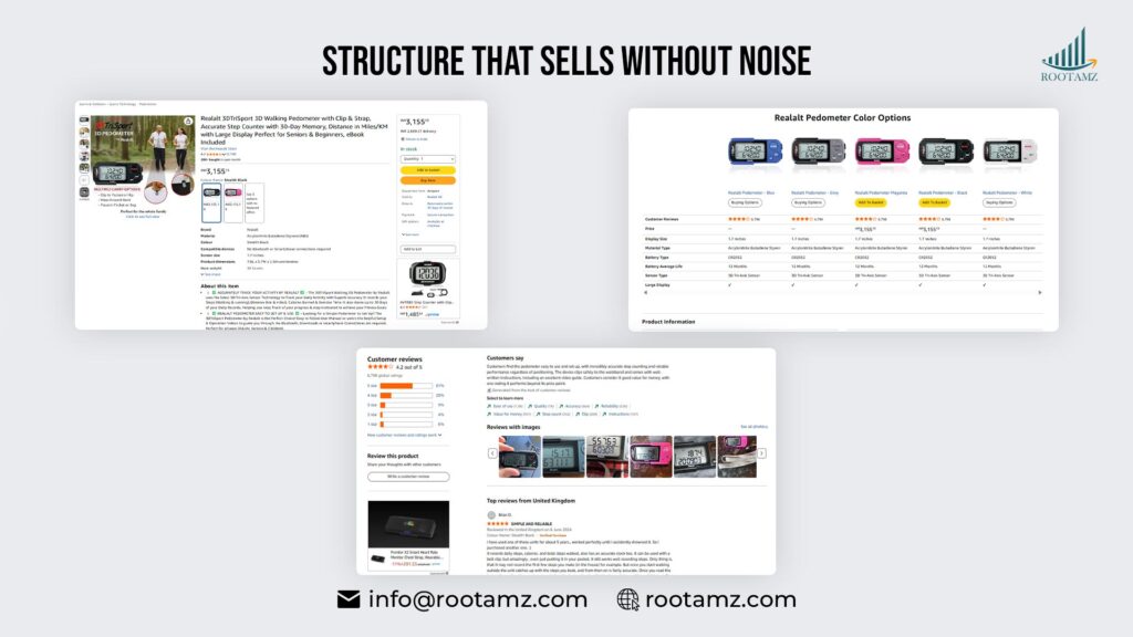 Minimal Amazon infographic layout showing structured visual hierarchy with stacked content blocks for headline product features