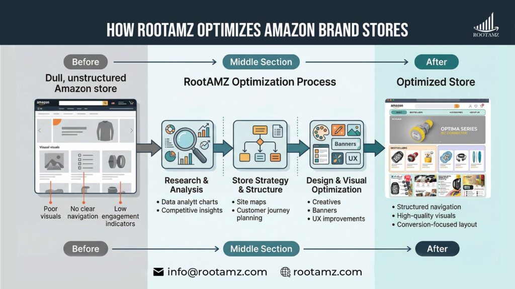 RootAMZ Amazon brand store optimization process showing transformation from basic storefront to high converting optimised store design.