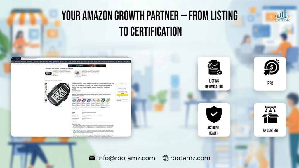 RootAMZ Amazon seller services including listing optimisation, PPC, and account health management supporting Climate Pledge Friendly badge certification strategy